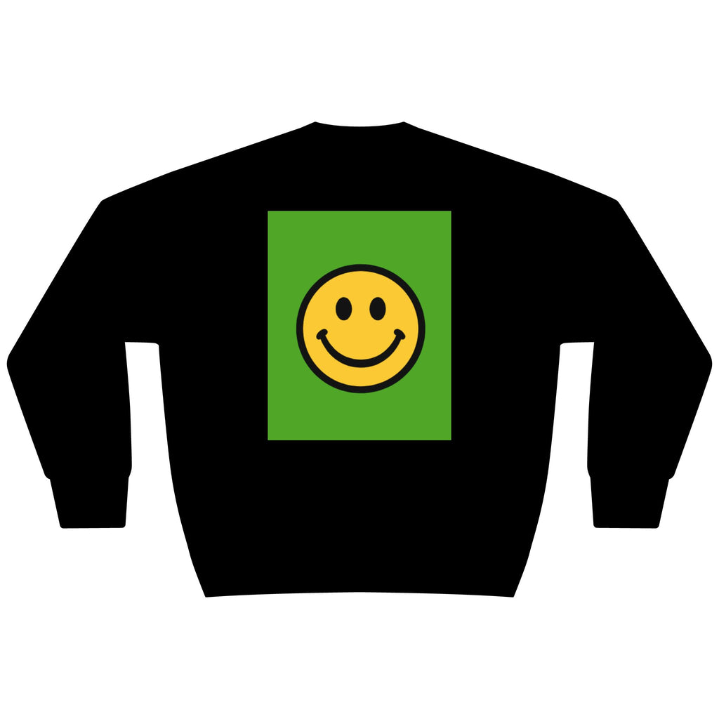 Smiley Graphic Sweatshirt — Green Square Happy Face with 'Be Bold' & 'Maison De Em' Back Print
