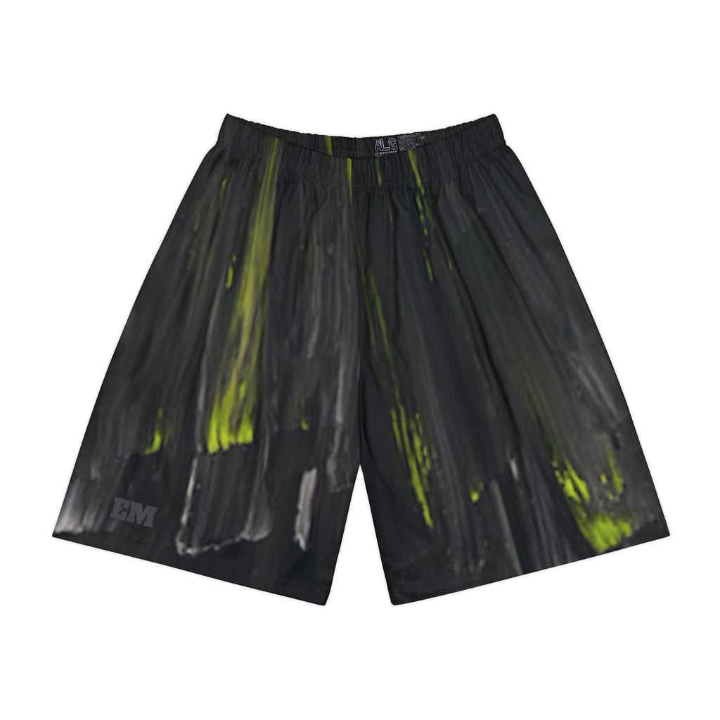 Charcoal & Neon Lime Abstract Brushstroke Streak Shorts | Original Artist-Designed Activewear